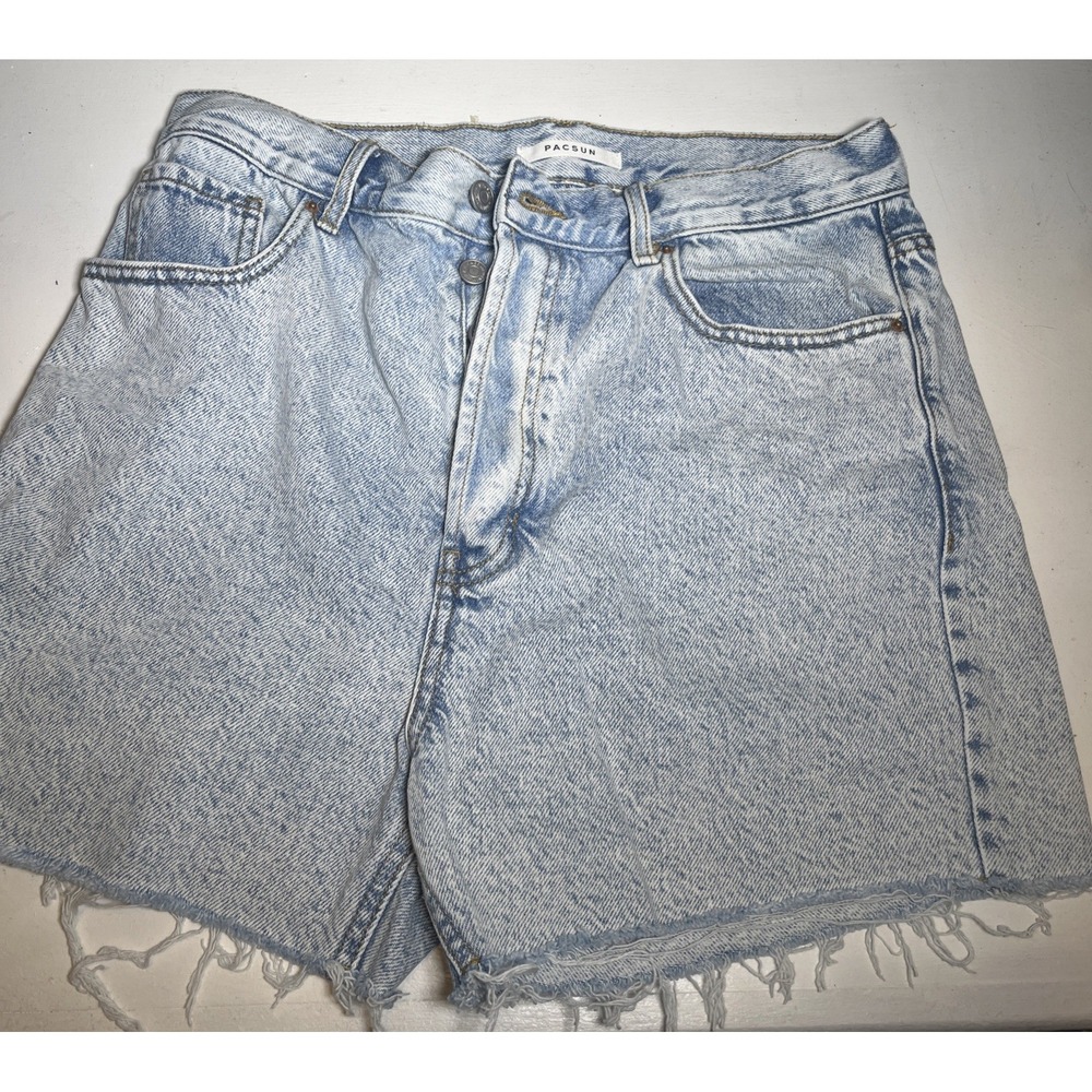 Womens PacSun High Rise Relaxed Shorts Button Fly Blue Size 30 Distressed